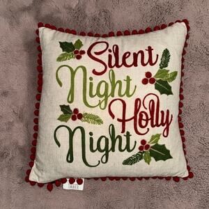 NWT Kirkland’s Red and Green Silent Night Pom Pom Pillow